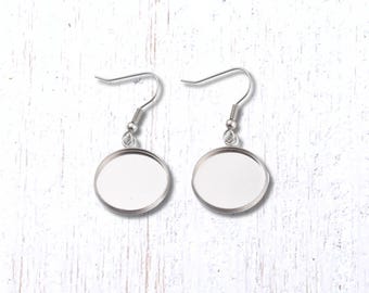 Earring blanks, 20 sets round trays with glass cabochons and ear wires, DIY jewelry supplies, stainless steel, 18mm or 10mm (B0084)