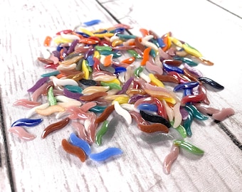 200 pcs porcelain glass twist cabochons, ~14x4mm tiny opaque pearlized glass waves, assorted colors flat back undrilled cabs (B0080)