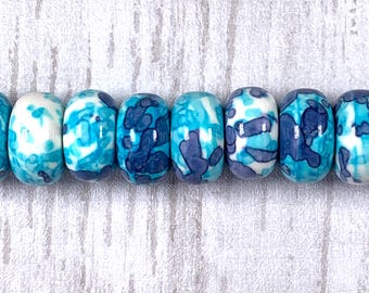 Large hole dyed jade rondelle beads, opaque white aqua and blue no metal core, for DIY fairy wand or garden stake, European beads, 10 pc