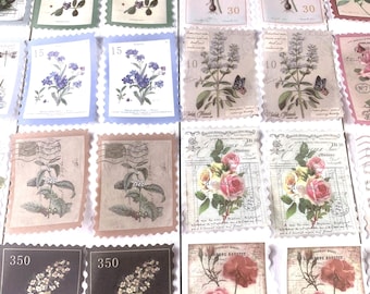 60 vintage stamp style stickers, floral, plant, woodland animals designs, translucent antique-like stickers, junk journal scrapbook ephemera