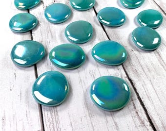 Jumbo iridescent seafoam glass gems, 15 pc, approx 32mm glass garden stones, mosaic glass, glass cabochons, unique vase filler table scatter