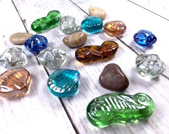 Glass gems and rocks, 15 assorted pcs ocean theme vase filler, beachy glass stones mosaic supply, wedding table scatter