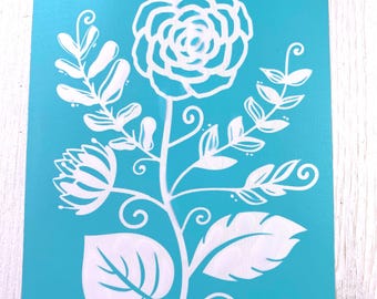 Folksy floral silk screen stencil, 5x7" boho flower print, reusable self-adhesive stencil for etched glass designs, fabric, signs, wall art