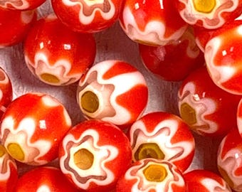 Round red millefiori flower glass beads, approx. 45 beads, 7.5-8 mm round with yellow flower, jewelry making supplies (A0019)