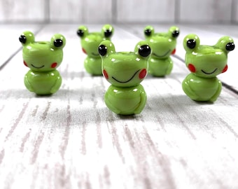 Glass frog lampwork beads, 5 pcs, 20mm green frog beads for jewelry making, lampwork animal beads, unique beads for crafts (A0030)