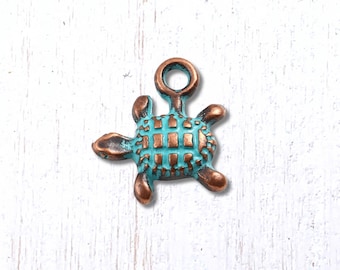 10 antique copper sea turtle mini charms, 13x12mm small tortoise alloy charms with blue patina for jewelry making