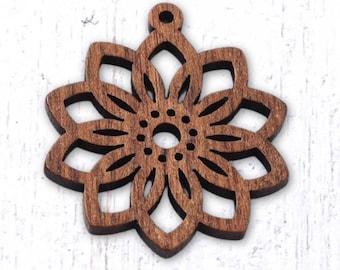 10 flower wood charms, 32.5x30mm laser cut pendants, mandala style flower for boho jewelry