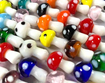 Glass mushroom beads in assorted colors, 15.5x12mm 20 or 25 beads, toadstool lampwork beads for jewelry and crafts (A0034/0038/0042)