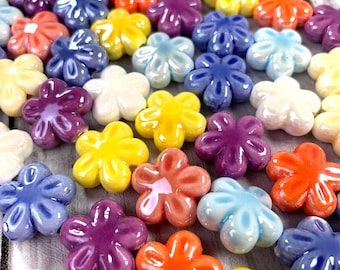 Porcelain flower beads for necklace or earrings, 18 beads, ~17mm with 2mm hole, pearlized mixed color ceramic flower beads for boho jewelry