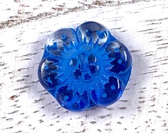 20 pcs Czech glass clear blue wash flower beads, 13.5mm boho floral beads for jewelry, wild rose glass beads, anemone flower (A0062)