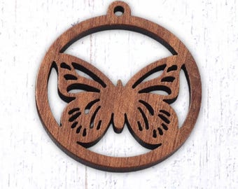 10 butterfly wood charms, 32.5x30mm laser cut pendants, round with open pattern for nature-inspired jewelry
