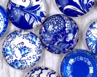 Blue and white printed glass cabochons for jewelry, assorted 20mm printed flat back cabochon for earrings, glass accents for crafts, 20 pc