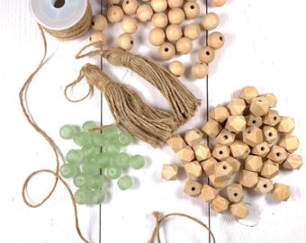 Beaded garland kit, wood and recycled glass bead garland supplies with jute twine, 2 tassels, glass coffee table beads, DIY boho decor kit