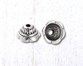 100 pcs antique silver bead caps, scalloped edge Tibetan-style floral bead embellishments, 8x4.5mm, 1.5mm hole (M0330/2)