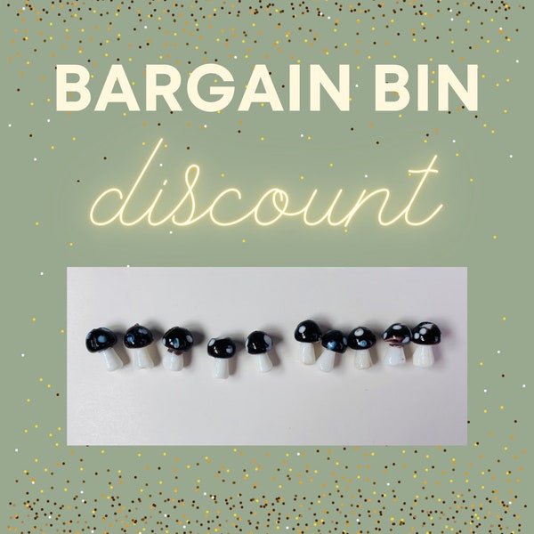 BARGAIN BIN, lampwork mushroom glass beads, imperfect discount, craft supplies, seconds sale, clearance sale items, 10 pieces with flaws