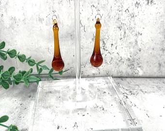 Amber glass raindrop earrings, amber glass teardrop dangle earrings, minimalistic water droplet jewelry, glass anniversary gift for wife