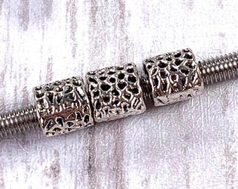 50 metal tube spacer beads w/ cutouts, 7.5x8mm column beads, 6.4mm hole, antique silver colored metal layering beads for jewelry making