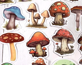 Mushroom sticker pack, 50 assorted waterproof PVC stickers, cottagecore fungi stickers for junk journals, scrapbooking, cards, water bottle