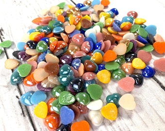 200 pcs porcelain glass heart cabochons, 5 or 11mm opaque pearlized undrilled flat back glass hearts, mixed colors for jewelry (B0079)