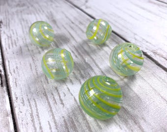 Yellow and blue striped blown glass beads, hollow glass globe beads for necklaces, glass bubbles for earrings, double hole, 19 mm, 5 pcs