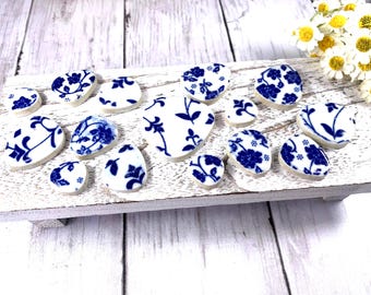 Ceramic pieces for mosaic, blue and white rounded triangles, mix size tiles glazed pottery mosaic tesserae, .70 - 1.25 inch, approx. 100 g