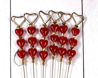 Beaded flower bouquet pick card holder, red glass and gold hearts table number holder, wedding centerpiece, plant jewelry, set of 6