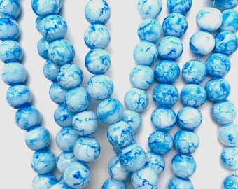 Blue and white glass beads for jewelry, pretty two-tone marbled opaque glass round beads for earrings, beachy ocean themed beads, 8mm, 90pcs