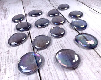 Jumbo iridescent icy lavender glass gems, glass garden stones, purple mosaic glass cabochons, vase filler, table scatter, approx 32mm, 15 pc