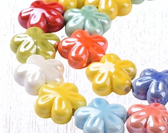 Porcelain flower beads for necklace or earrings, 18 beads, ~17mm with 2mm hole, pearlized mixed color ceramic flower beads (C0114)