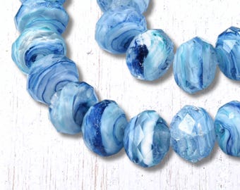 Ocean blue swirl glass beads, 44 pcs, 12x8 mm faceted rondelles w/ 1.5mm hole, marbled blues and white like ocean waves or a summer sky