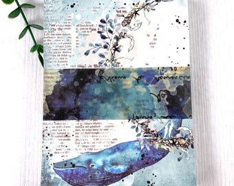Ocean-theme collage style scrapbook paper pad, 100 sheets 50 designs, vintage style oceanic maps, marine life, blue hues with typeface print