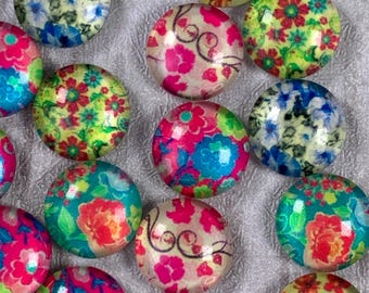Floral printed glass cabochons for jewelry, assorted tiny 10mm flower print flat back cabochon for earrings, glass accents for crafts, 48 pc