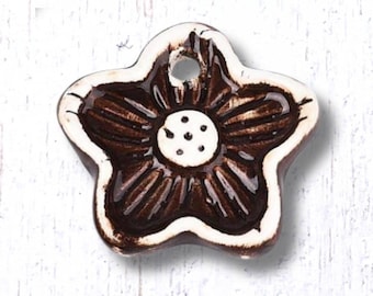 Porcelain flower pendant, 1 pc, 48x46mm, rustic boho hand painted 5-petal flower charm for nature themed jewelry and crafts (C0129)