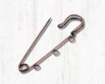 Set of 10 kilt pins with 3 loops, large 70mm/2.75" bronze colored safety pins for DIY brooches, scarf pins, bridal bouquet charms (L0311)