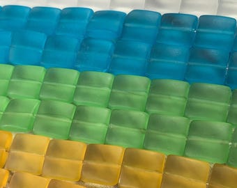 Sea glass frosted flat square beads for jewelry, 12mm cultured beach glass beads, unique sea glass matte beads, for DIY beachy crafts, 48 pc