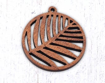 10 palm frond wood charms, 32.5x30mm laser cut pendants, round with leaf pattern for boho jewelry