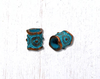 50 floral big hole tube spacer beads, 7.5x6mm alloy with copper and blue patina finish, 3.5mm hole (G0223)