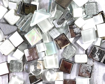 Clear, white, and silver glass mosaic tiles, approx. 130 pcs, 10-15 mm assorted shapes glass cabochons, glitter/metalic/transparent (B0075)