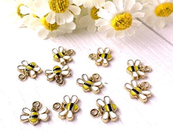 Mini bee charms, 10 pcs, alloy with enamel 10x10mm tiny honeybee charms with loop, garden insect theme charms with light gold finish