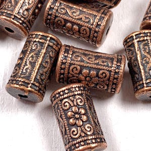 10 copper floral pattern column beads, 16.5x8.5mm large cylinder tube accent beads with 2.4mm hole, for boho bag charms (L0306)