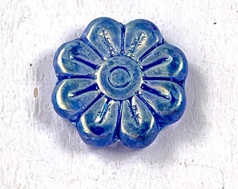 6 Czech glass daisy beads, large 18mm flower focal, blue with 1-sided AB finish, high quality Bohemian crystal beads for jewelry (A0066)