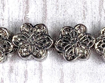 Large hole metal flower beads, alloy beads for DIY fairy wand or garden stake, European silver spacer floral bead for bracelets, 10 pcs