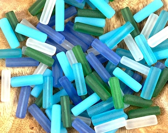 Tumbled sea glass tube beads, 19 pcs, 19mm frosted glass spacer beads for crafting, unique beads for jewelry making, CLOSEOUT