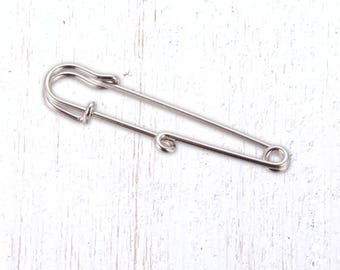 Set of 10 kilt pins with 1 loop, 55mm/2.1" silver colored safety pins, add a charm, DIY brooches, scarf pins, bridal bouquet charms (L0311)