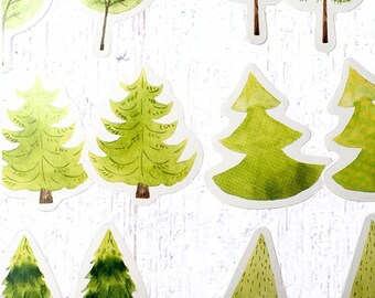 45 evergreen tree stickers, 1"x 1.5" paper tree stickers in watercolor style, 3 each of 15 forest tree designs