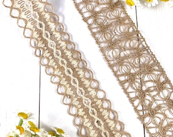 Woven burlap ribbon without wire, lace pattern weave natural jute ribbon for farmhouse crafts, gift wrapping, wedding decor, 5.47-yard roll