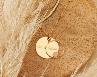 Collier personnalisé médaille cercle avec pierre rose, cadeau unique pour marraine,  maman, meilleure amie, mamie