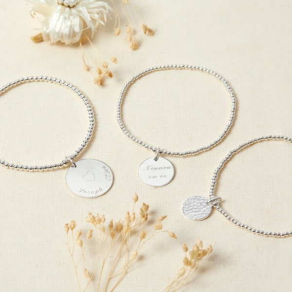 Bracelet personnalisé élastique perlé avec médaille en argent, cadeau pour maman, mamie, fête des grands mères
