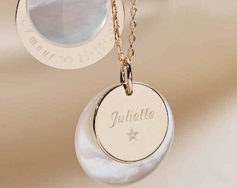 Collar con medallón de nácar personalizado, chapado en oro, regalo de bautizo, regalo para testigos de boda, regalo de cumpleaños