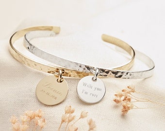 Personalized hammered bangle bracelet with gold plated medal, bridesmaid wedding gift, birthday gift